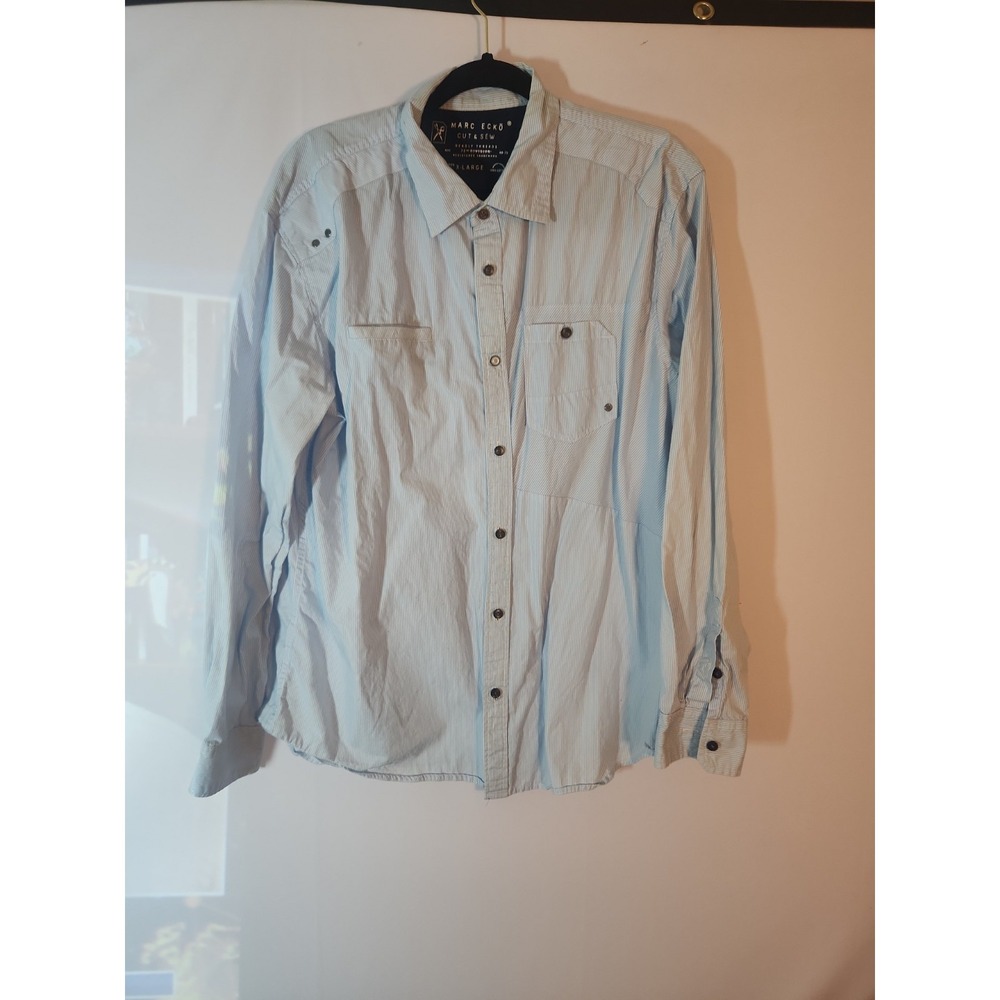 Marc Ecko Shirt Men's XL Light Blue Striped Cut & Sew Button Up Long Sleeve